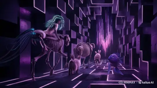 Deep within a neon-lit underground labyrinth, the characters navigate an endless maze of glowing corridors. The female character’s intricate hair patterns pulse in sync with the lights on the walls, and her cyborg side reflects the purple glow from the cascading cubes and hexagons. The skeletal mount moves swiftly through the narrow paths, while the rabbit-girl hybrid and the deep-sea fish android flank her, hunting something lurking in the dark. The rift pulsates at the heart of the maze, beckoning them forward., cinematic, conceptual art, dark fantasy, photo, wildlife photography by Hailuo AI Video Generator