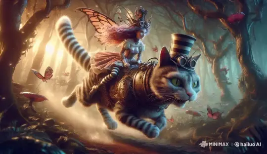 dynamic, highly detailed image. a miniature gothic fairy riding a steampunk Cheshire Cat. they race through an enchanted forest. surreal style. unreal engine. by Hailuo AI Video Generator