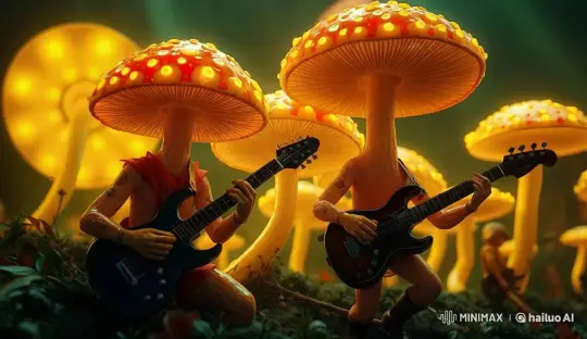  Fluorescent mushrooms playing strange musical instruments. surrealist style. concert lighting. Unreal Engine. by Hailuo AI Video Generator