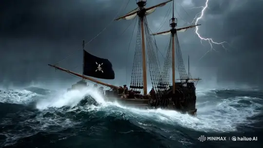 a pirate ship sailing in the middle of the ocean, surrounded by a fierce storm with rain and lightning illuminating the darkness. The ship should be old-fashioned, with a torn sail and a black flag waving in the breeze. The waves should be big and tempestuous, with the ship dangerously swaying from side to side. In addition, the crew must be present, fighting and trying to maintain control as the rain and wind lash them. The style should be cinematic, with detailed and realistic visuals. realistic , hiperealistic , 8k , cinematic light by Hailuo AI Video Generator