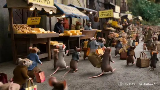 Point of view of a mouse walking through a market run by mice in the mouse world. There are many mice, walking around carrying shopping bags and purses. Somewhere are wearing hats summer wearing glasses on either side of the street or vendors that are also miceand they are selling their wears mostly cheese and crumbs. There are signs that say cheese for sale crumbs for sale is very colorful market. There are no humans. It is all mice in the mice world is the realistic looking shot by Hailuo AI Video Generator