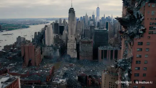 Flying over new York city which is partially destroyed and abandoned.  by Hailuo AI Video Generator
