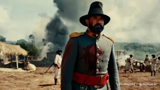 A salvadorean general, white man, with a black beard, military hat, emerges from the smoke of a battlefield in 1880 near a town in El Salvador, covered in blood but standing tall. The camera tracks his movement in a steady, slow zoom-in, capturing the determination on his face. The chaos of the battle fades slightly into the background, making him the central focus. Some men as irregular soldiers, white simple clothes, with machetes. Cinematic high definition. by Hailuo AI Video Generator