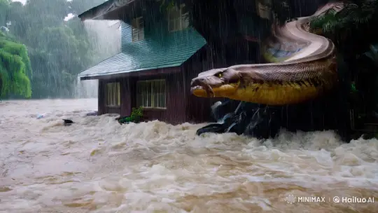 Flood water flows rapidly and carries away a lot of rubbish, heavy rain, a giant brown titanoboa the size of a cow is on the roof of a house, the house collapses due to the movement of the titanoboa Giant, The body of the giant brown titanoboa snake looks detailed, the giant snake's movements are rather slow because of its large body, the giant snake moves towards the water, The water rippled due to the movement of the giant titanoboa snake, The giant snake's body looks wet because of the rain, the trees sway in the wind, the flood is very heavy,  by Hailuo AI Video Generator
