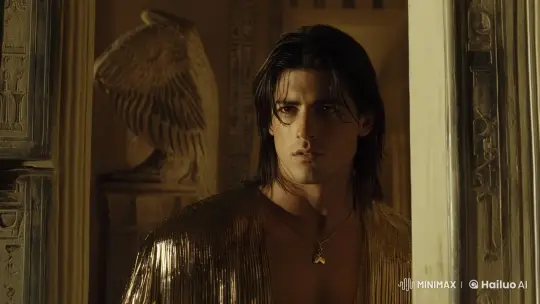 He realizes and then smiles slightly, inside a room in ancient Egypt, camera zoom in to his face. Cinematic look. by Hailuo AI Video Generator