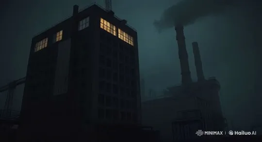 The light in the window glows and pulses. Smoke rises from the stacks of the factory as the camera slowly pans in by Hailuo AI Video Generator