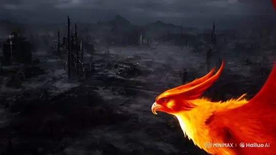 Zeig mir einen Feuer Phoenix der über verbrannten Land fliegt in einer Zombie Apokalypse  by Hailuo AI Video Generator