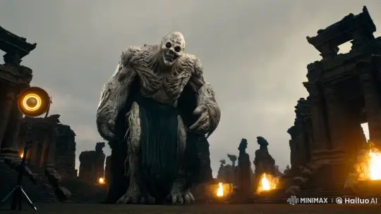 low angle camera, cinematic vintage rad lights long angle shot. muted colors, ancient ruined temples and cities with fire, a colossal and towering giant undead creature with pale silver loose organic skin and hollow eerie human like face wearing regal tattered flowing black robe crashing, simultaneously tracks its movement  by Hailuo AI Video Generator