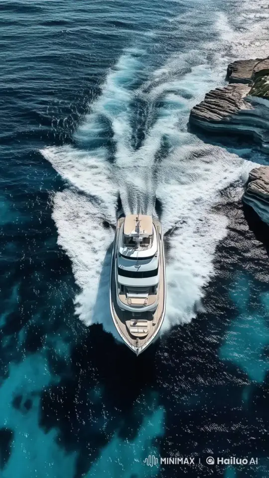 the yacht is moving towards the shore. around the waves. the frame is zoom in by Hailuo AI Video Generator