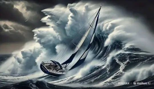 Voilier naviguant sur une mer démontée avec de grosses vagues se fracassant sur l'avant du navire projetant de l'écume. Le bateau est malmené par les vagues. la vague s'écrase sur le navire qui parvient toutefois à se maintenir à flot et à continuer sa course by Hailuo AI Video Generator