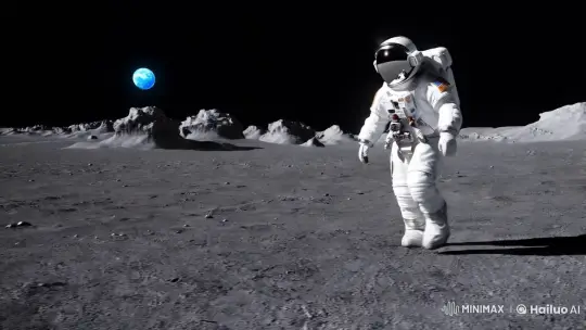a camera tracks an astronaut walking on the surface of the moon by Hailuo AI Video Generator