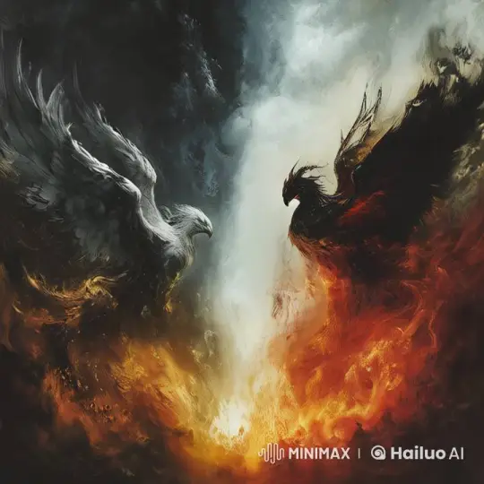 Fiery Demon confronts a angel captured within Temporal Echoes of Light, where motion is traced to record the passage of time. Emphasize the flowing continuity of movement using dynamic red and orange to highlight each radiant path
 by Hailuo AI Video Generator
