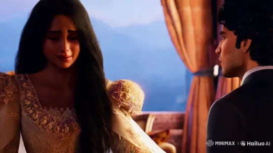 Latifah, a very beautiful and attractive young woman of Turkish nationality, 19 years old, with long black hair, a beautiful village girl in a luxurious wedding dress is crying, while Pasha is an attractive, handsome and hard-hearted man with black curly hair and brown eyes. E is fighting with Latifah in a suit and Latifah is crying by Hailuo AI Video Generator