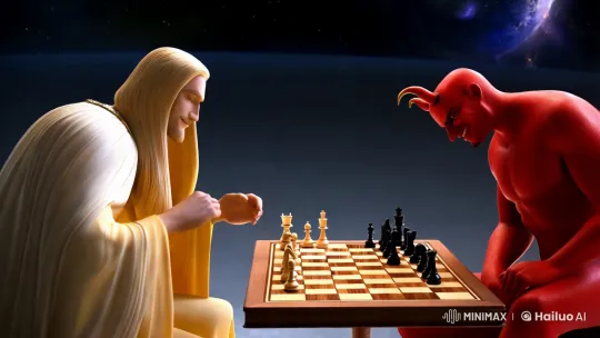 crea un olea de dios y el diablo jugando una partida de ajedrez  by Hailuo AI Video Generator
