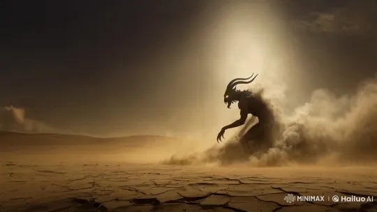 Smooth lateral tracking shot of demonic creature in desert with smoke, all in slow motion by Hailuo AI Video Generator