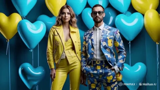 The balloons are explosing one by one very quickly letting out flying blue and yellow hearts in the air and they show the heart by hands 🫶 by Hailuo AI Video Generator