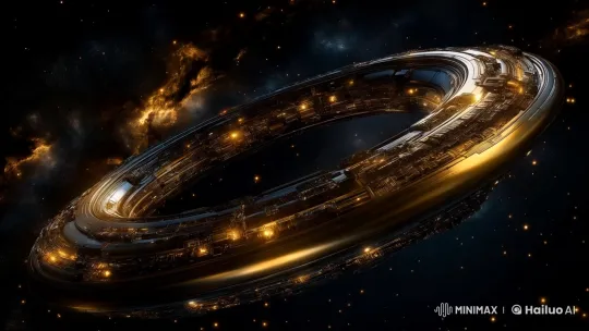 A majestic spaceship, bathed in the golden glow of starlight, floats gracefully through space with its vast and expansive ring-shaped exterior, showcasing intricate details that highlight the metallic texture and reflective surfaces. The background is an expanse of stars that create a mesmerizing backdrop for exploring interstellar adventures. by Hailuo AI Video Generator