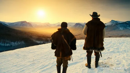 [Push in,Pedestal up] two hunters of 16 century in furs are standing on a high slope opposite a large snowy valley, where there is a forest and mountains, behind this valley a beautiful winter landscape with sunrise, the camera is behind the two hunters, cinematic atmosphere, realistic, high quality by Hailuo AI Video Generator