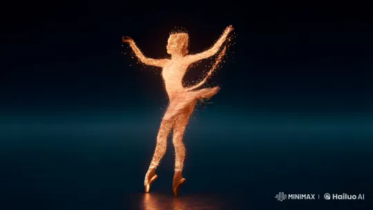 A mystical figure, composed of glowing embers and flickering flames, dances in a dark, endless void. Their movements are fluid and expressive, blending elements of ballet and contemporary dance. With each step, twirl, and motion, embers trail behind, and parts of their form begin to break away, turning into ash. As the dance progresses, the figure gradually disintegrates. At the climax, only a swirling mass of embers and ash remains, reforming into the outline of a new dancer. by Hailuo AI Video Generator