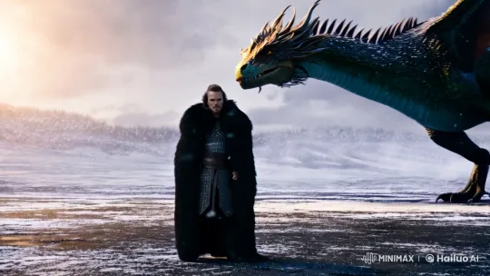 Warrior in black fur cloak faces a massive dragon, snowy battlefield,  cinematic lighting, ultra-detailed, photorealistic fantasy scene, by Hailuo AI Video Generator