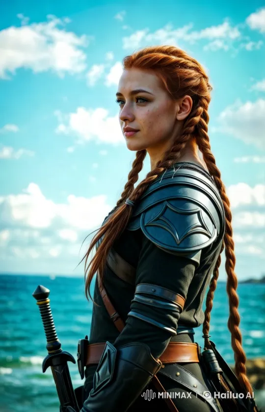 Aloy stands by the ocean, wind tousling her long braided red hair. She looks to the side, then turns slightly, her freckles catching the sunlight. A subtle, confident smile forms as she lifts a hand to her hair. Armor gleams, her sheath and weapon shifting with her movement. The sky and ocean shimmer behind her, creating a cinematic, dynamic scene by Hailuo AI Video Generator