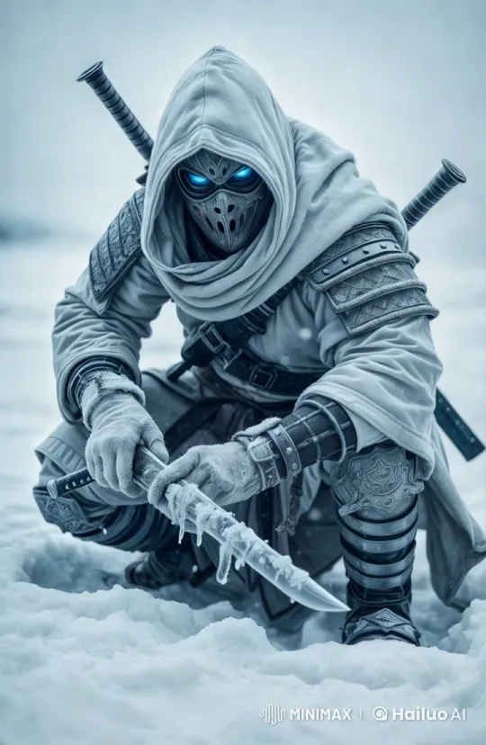 The masked warrior moves through the snow, his frost-covered samurai cloak billowing. Glowing blue eyes lock on target as he grips his ice-laced sword. He shifts fluidly, drawing a katana from his back, ready for battle. Snow swirls around him in the cold, dynamic scene by Hailuo AI Video Generator