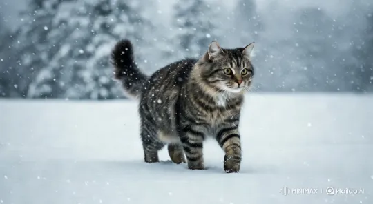 A realistic brown tabby cat walking gracefully through a snowy landscape. The cat’s fur is warm brown with dark brown and black stripes, its fluffy coat slightly dusted with snowflakes. Each step the cat takes presses into the fresh, powdery snow, leaving delicate paw prints behind. As the cat steps forward, small tufts of snow gently puff up around its paws, adding a sense of motion and winter chill. The cat’s whiskers are slightly frosted, and its breath is faintly visible in the crisp, cold air. The background features a serene winter forest with snow-covered trees, their branches heavy with white frost. The atmosphere is calm and quiet, with a soft, diffused light illuminating the scene.” by Hailuo AI Video Generator