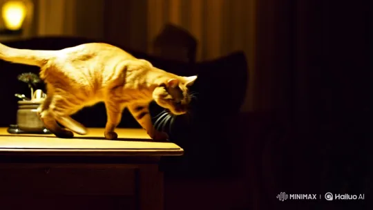 a cat slowly jumps from a table and it lands on the floor, low illumination, cinematic shot, slow moton,[Tilt down] by Hailuo AI Video Generator