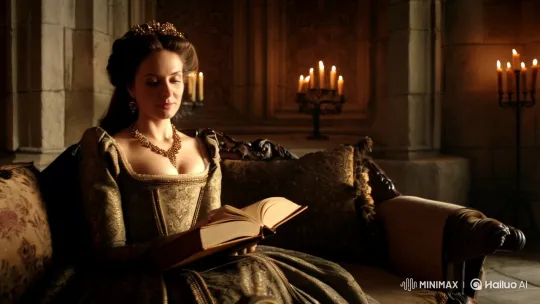 A mysterious woman in an elegant historical gown sits gracefully in an old castle, holding an opulent book. She rests on a vintage couch, lost in thought. Beside her, an antique pocket watch and a quill hint at her connection to time itself. Through an open door, a medieval cityscape unfolds, blending past and present. The dim candlelight casts flickering shadows, creating a mystical, timeless atmosphere. Cinematic close-up shot, slight dolly movement for depth.[Truck left,Pan right,Tracking shot] by Hailuo AI Video Generator