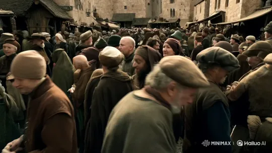 [Push in,Pedestal up]In the medieval market, the crowds are bustling. Film photography, realistic style, realism, the camera pushes forward from the crowd, and then rises up to shoot the whole crowd from above by Hailuo AI Video Generator