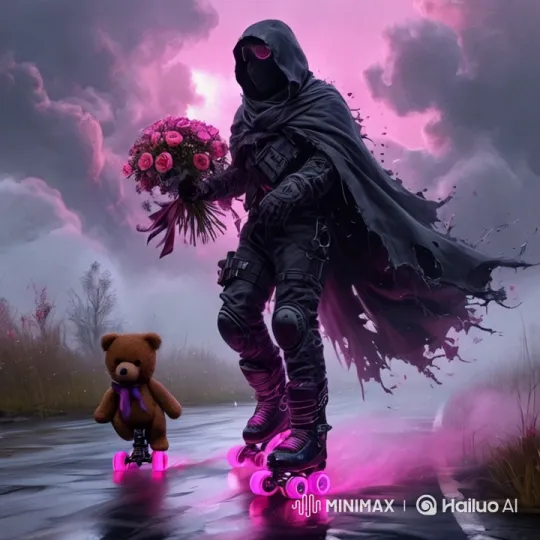 the cloak billows in the wind, and the head turns toward the camera by Hailuo AI Video Generator