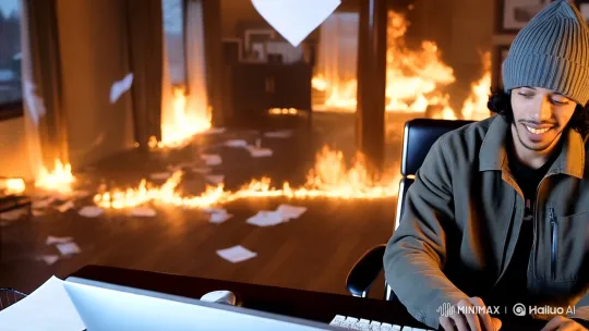 The camera slowly rises from in front of a desk, capturing the person sitting behind the computer on the desk. Behind the person, the office is engulfed in roaring flames, with some scraps of paper fluttering around the room. As the camera moves, it focuses on the person in front of the computer, revealing the blurred flames in the background of the house. The person in front of the computer, with their face illuminated by the glow of the computer screen, appears calm and is smiling while typing on the keyboard, creating a stark contrast with the chaos behind them. by Hailuo AI Video Generator
