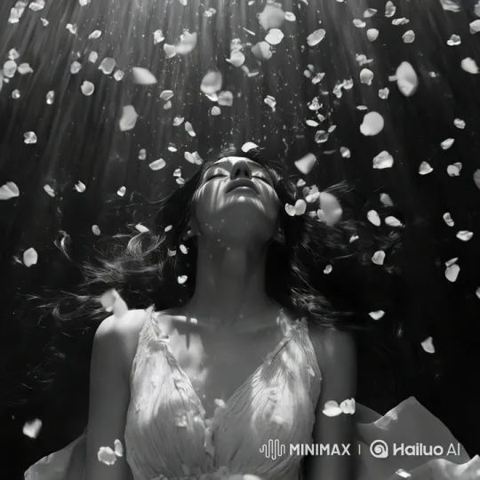 A slow-motion shot of petals falling around the woman, each petal dissolving into light as it touches the ground. The scene is melancholic and beautiful. Monochrome, highly detailed by Hailuo AI Video Generator