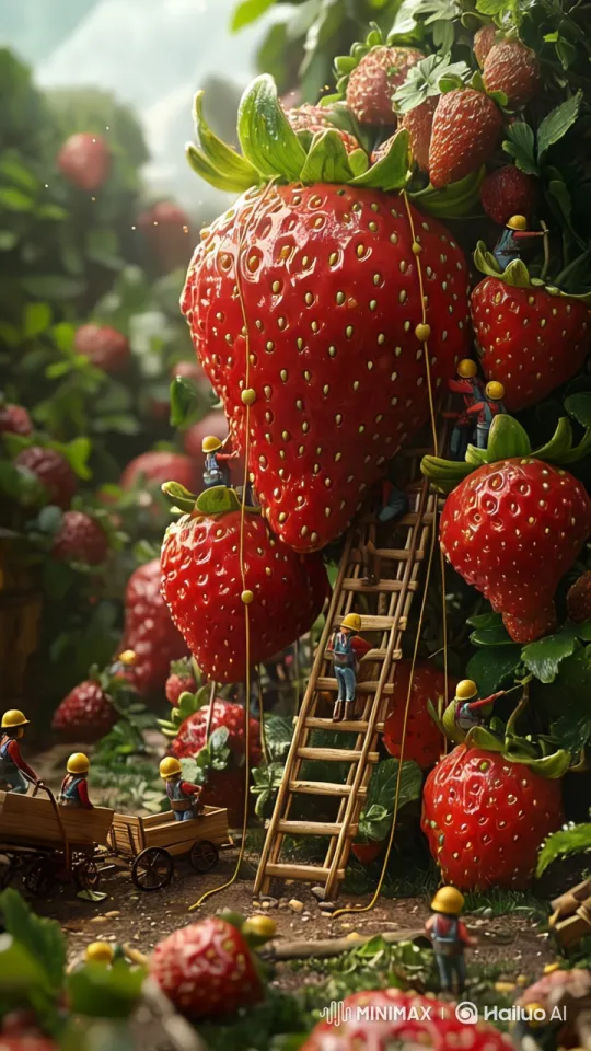 A team of tiny human workers, no bigger than a strawberry seed, harvesting gigantic strawberries, at least 20 times their size, in a lush green field. The strawberries are colossal, towering like buildings, with a deep red color, glistening golden seeds, and fresh green leaves stretching high above the workers. Some workers climb towering rope ladders attached to the massive strawberries, carefully slicing through the thick green stems with miniature golden clippers. Others push tiny wooden carts, completely dwarfed by the enormous fruit, struggling to roll them onto tiny pulley systems for transport. Dewdrops sparkle on the huge strawberries under the golden morning sunlight, making the scene vibrant, hyper-detailed, cinematic, and ultra-satisfying. Macro perspective, whimsical, ultra-realistic textures, ASMR aesthetic by Hailuo AI Video Generator