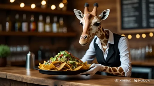 2. Giraffe (Nacho Server)

“A charming animation of an anthropomorphic giraffe with golden fur and elegant brown spots, wearing a stylish black vest over a white shirt. She stands behind a rustic bar counter, already holding a tray of fully loaded nachos, piled high with melted cheese, jalapeños, guacamole, and fresh salsa. The animation begins as she gracefully extends the tray forward with both hooves, tilting it slightly to present the dish. The cheese glistens under the warm lighting, and faint wisps of steam rise from the fresh toppings. The camera subtly zooms in, enhancing the depth and detail of the nachos. The softly blurred background features wooden shelves stocked with various glass bottles and a chalkboard menu, while a slight parallax effect adds realism. The warm, ambient lighting shifts subtly as the tray moves forward, creating a dynamic but cozy atmosphere.”[Push in] by Hailuo AI Video Generator