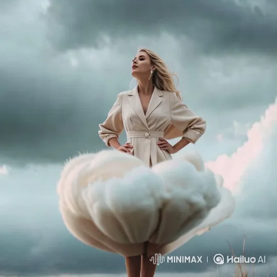 Super high fashionable art video of a fashionista woman in amazing beauty cloudy outfit under incredible sky with floating clouds by Hailuo AI Video Generator