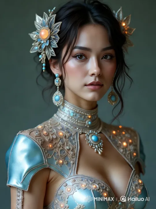 A stunning woman adorned in an intricately detailed, metallic blue and gold outfit, her delicate jewelry shimmering as she moves gracefully. The warm glow of the embedded lights on her dress pulses gently, adding a magical aura. Her soft curls sway slightly with her subtle head movement, and her expressive eyes blink naturally, with a smooth, slow-motion effect that enhances her serene yet captivating presence. The elegant floral ornaments in her hair twinkle as if catching the light, and her ornate earrings sway gently with each movement. The ambient lighting casts shifting highlights on her finely embroidered armor, enhancing the richness of her regal attire. Her subtle breathing adds to the realism, making her presence feel lifelike and mesmerizing[Pan left,Zoom in] by Hailuo AI Video Generator