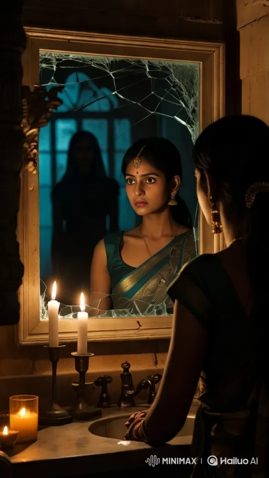 Shot 7: Over-the-Shoulder - Dutch Tilt

Description: Riya looks in the mirror and sees a shadowy figure behind her.AI Image Prompt: Woman staring at a cracked mirror, dark female silhouette behind her, dim candlelight. by Hailuo AI Video Generator