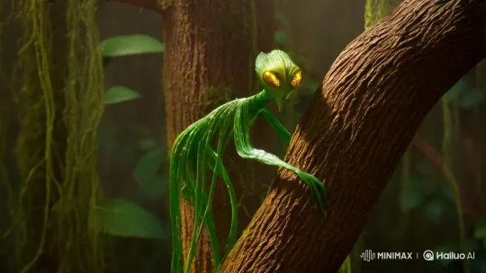 A strange latex creature with leaf-like sensors framing her sharp golden eyes her multi limbed segmented Body crawling up a three in the swamp by Hailuo AI Video Generator