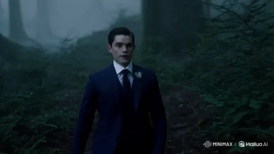 Kevin, a handsome young man, walks through a dark forest, dressed in an impeccable suit. The sky is overcast, the atmosphere mysterious. by Hailuo AI Video Generator