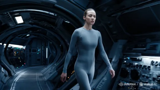 [Tracking shot]The handheld tracking shot glides through the spaceship’s corridor, following the woman, while the surrounding instruments hum with a low sound, heightening the urgency.
She's wearing a gray, form-fitting longsleeve and long johns, contouring her beautifully athletic yet delicate physique. by Hailuo AI Video Generator