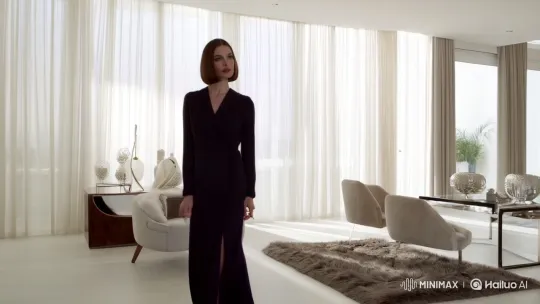 A lonely elegant woman at home missing her boyfriend, her home is modern, her dress is trendy, her hair is bobbed. [Truck left,Pan right,Tracking shot] by Hailuo AI Video Generator