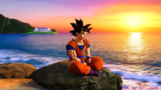 please make son goku from anime and manga DBZ sat on the shore of the KAME house island looking out into the sunset by Hailuo AI Video Generator