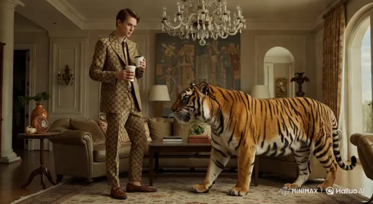 [Truck left,Push in,Pan right]man drinking (one hand only)[Truck left,Pan right,Tracking shot] and tiger walking and sitting by Hailuo AI Video Generator