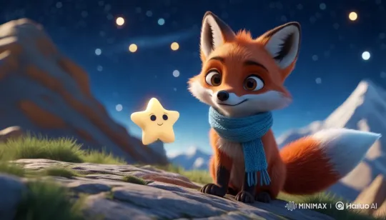Cima de una montaña bajo un cielo estrellado, una estrella brillante y un zorro mirándose, un emotivo momento de despedida, iluminación cinematográfica, estilo Pixar. by Hailuo AI Video Generator