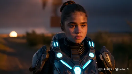 A close-up shot of a stunning young lady clad in an advanced futuristic military exosuit, crafted from layered dark alloy and reinforced composites that gleam with worn battle-scars. Her hair is pulled into a tight combat bun, framing her striking, unshaken gaze as the camera lingers on her determined face. The suit’s shoulder plates emit a faint blue glow, and subtle mechanical components shift softly with her every breath. The lighting flickers from sparks and distant explosions, reflecting across the rugged surfaces of her gear. Her jaw is set, a light layer of dirt and sweat tracing her cheekbones—every detail captured in crisp clarity as she stands like a calm storm before battle, a silent force of futuristic warfare.[Shake,Tracking shot] by Hailuo AI Video Generator