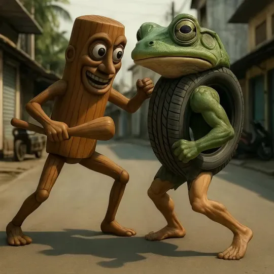 fight, the wooden figure knocks the frog down. by Hailuo AI Video Generator