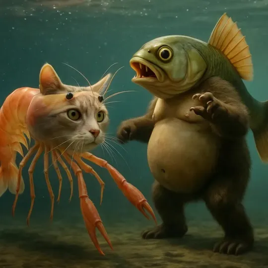 In a fight, the fish knocks the shrimp-cat down. by Hailuo AI Video Generator