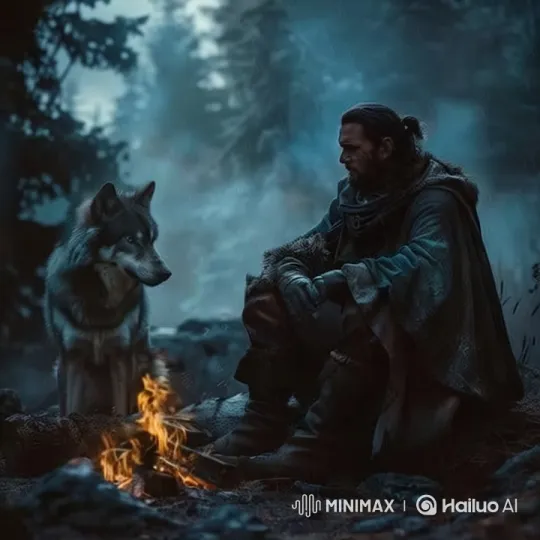 Talking man with wolf in winter, by Hailuo AI Video Generator