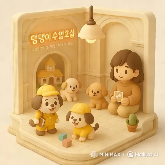 1. The daycare teacher (the woman on the right) should slowly move as if she's reading a book to the puppy in front of her — subtle motions like her head nodding slightly or her hands gently shifting the book would be perfect.


2. The neon sign that says '댕댕이 수업교실' should blink softly and repeatedly, giving a playful and warm atmosphere.


3. The puppies should move around playfully, but with slightly slow and gentle motions — like softly hopping, wagging their tails, or walking around curiously.


4. The ceiling light should blink slowly, as if it’s gently flickering on and off by Hailuo AI Video Generator